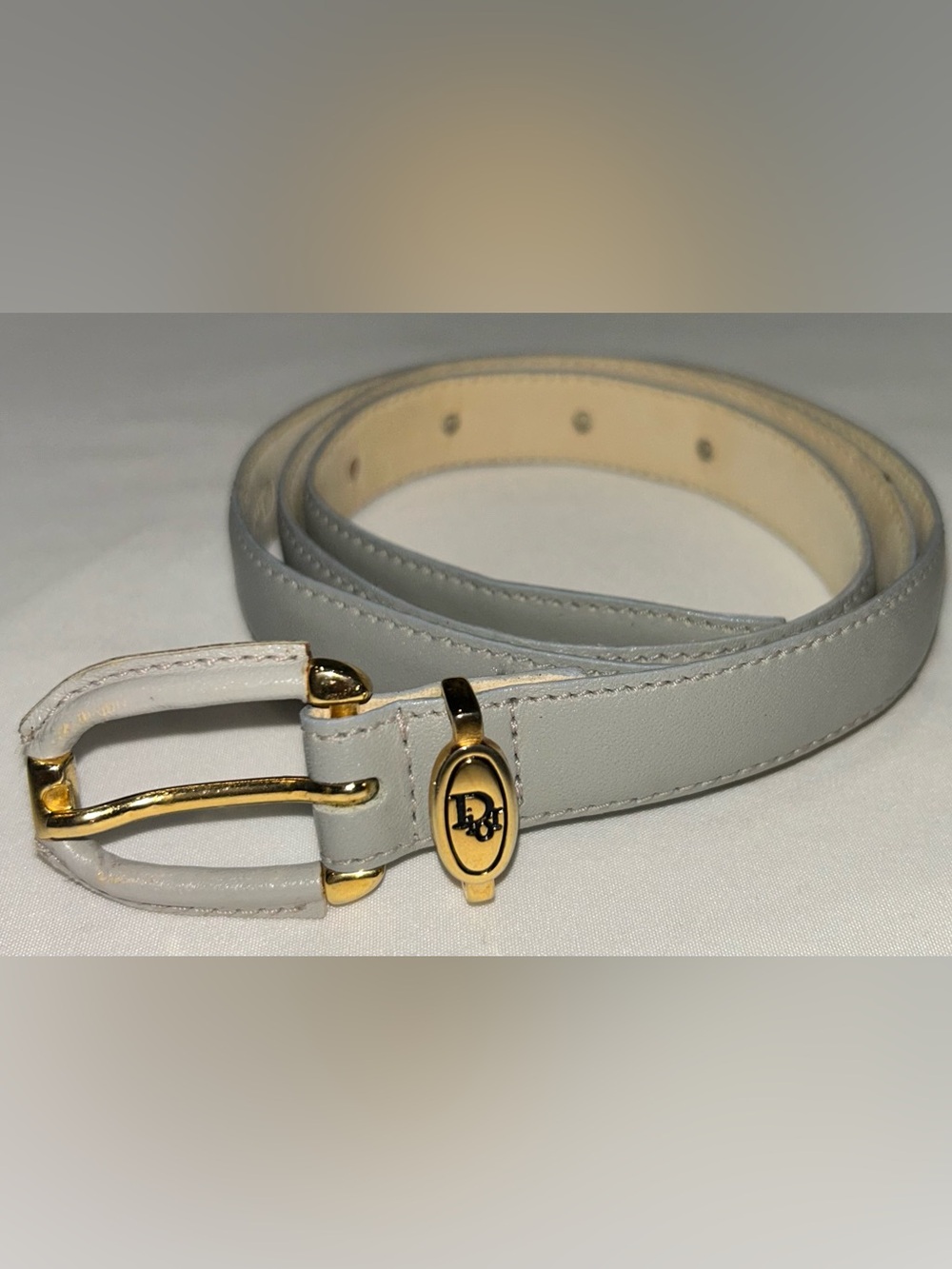 ✨ Vintage 80s Christian Dior Grey Leather Skinny Belt Gold Logo Buckle L Auth